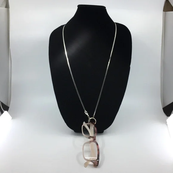 Chico's Signed Eyeglass Holder Long Necklace Silver Chain - Picture 1 of 13
